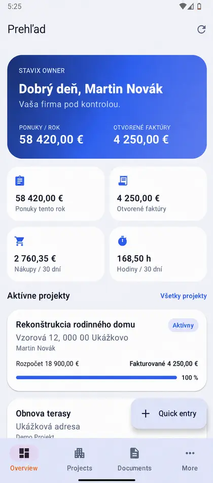 Anonymizovaný prehľad v aplikácii Stavix OWNER