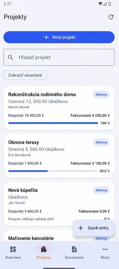 Zoznam projektov v Stavix OWNER