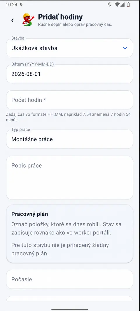 Pridávanie pracovných hodín v Stavix WORKER