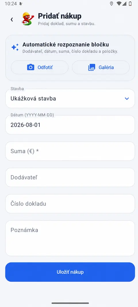 Pridávanie nákupu v Stavix WORKER