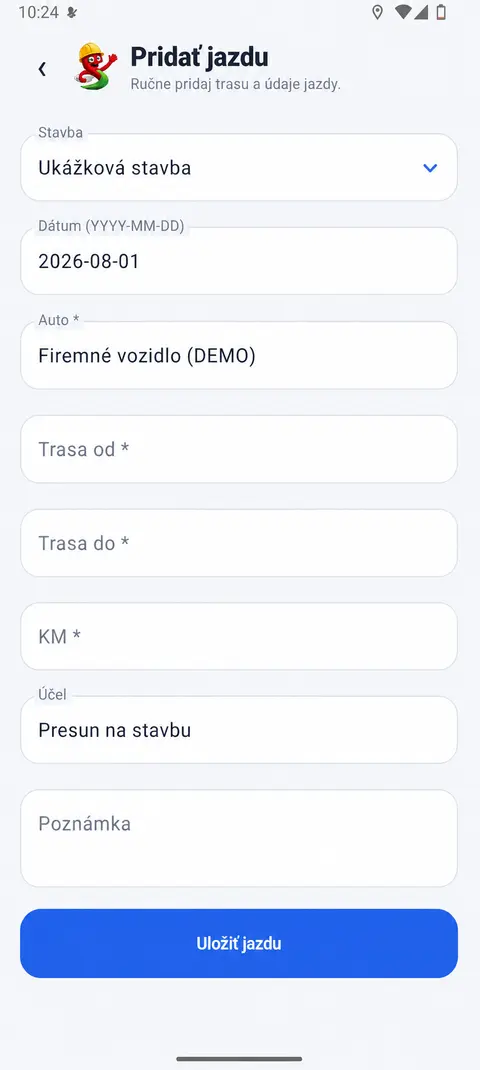 Pridávanie pracovnej jazdy v Stavix WORKER